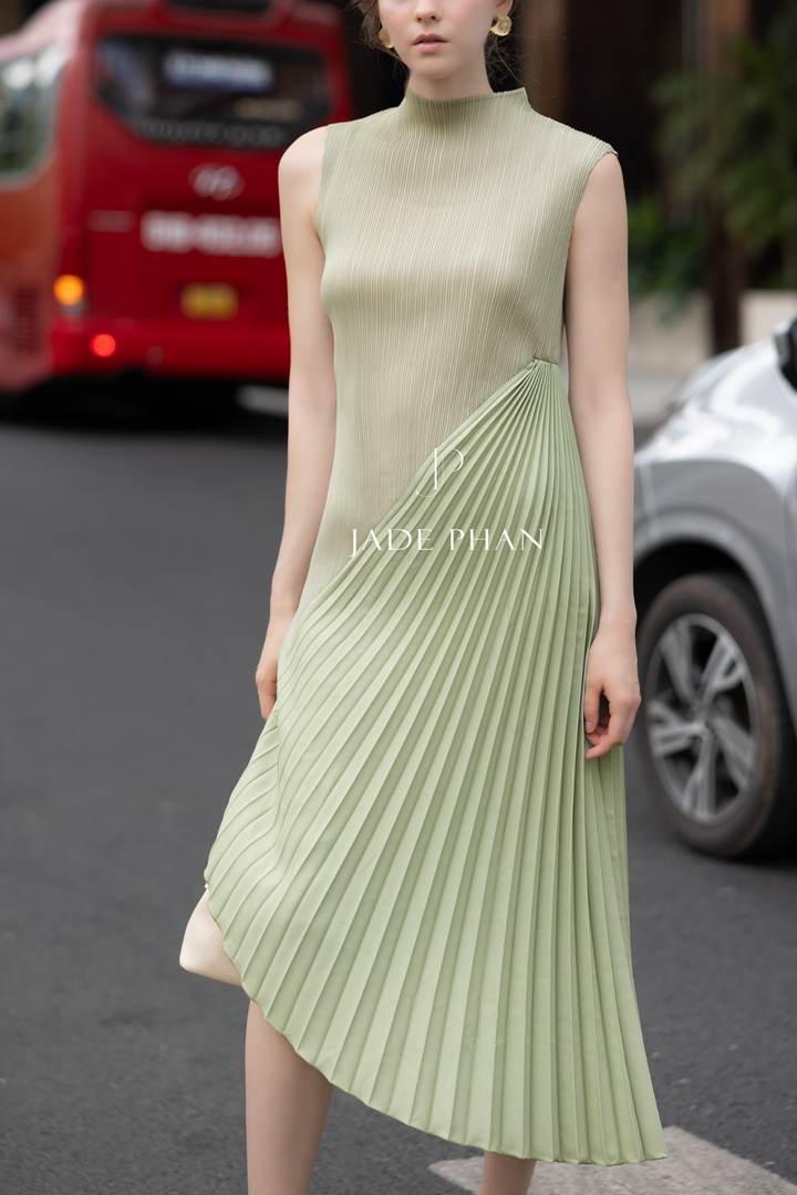 CHERYL Pleated Dress - Xanh đá